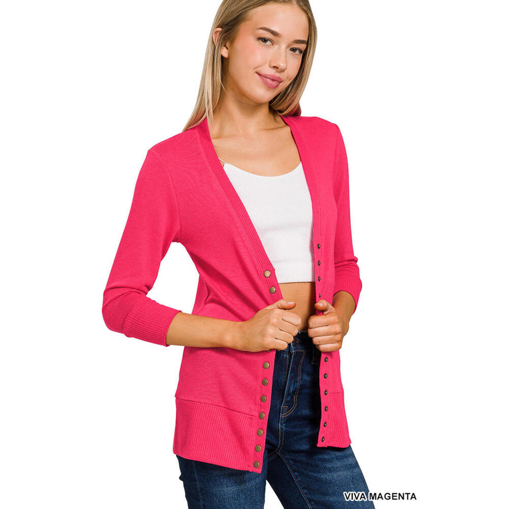 ZENANA Snap button sweater cardigan 3/4 sleeve SMALL MAGENTA